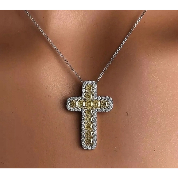 NEW White Gold‎ Filled Synthetic Diamond Citrine Cross Pendant Necklace, 16-18” - Picture 3 of 10